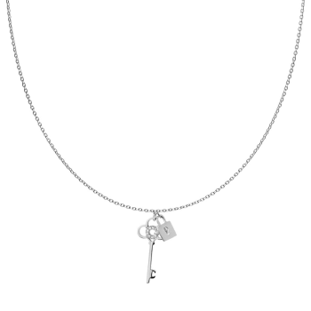 Náhrdelník zlaté barvy z chirurgické oceli s přívěskem ve tvaru klíče a zámku.