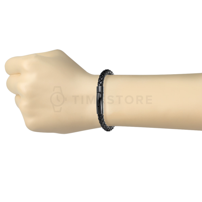 Черна кожена гривна със закопчалка в комбинация с черна хирургическа стомана