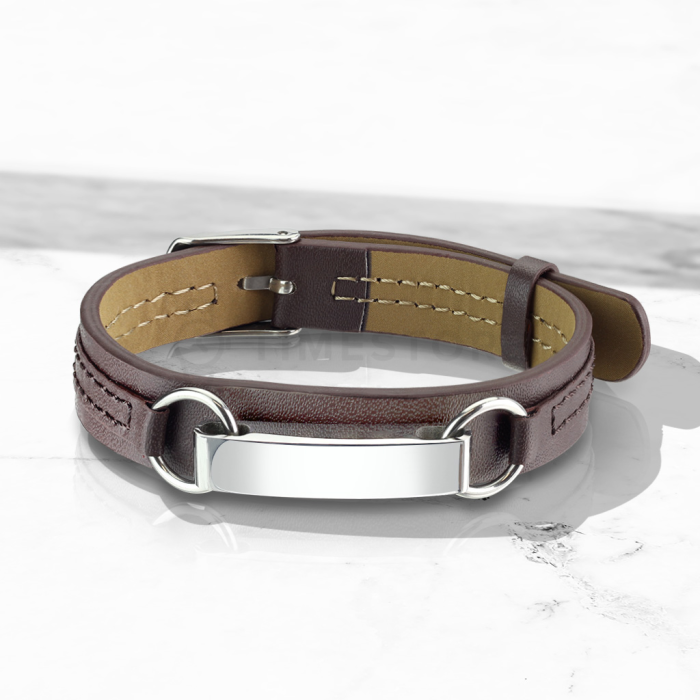 Pulsera de cuero marrón con acero quirúrgico y diseño minimalista
