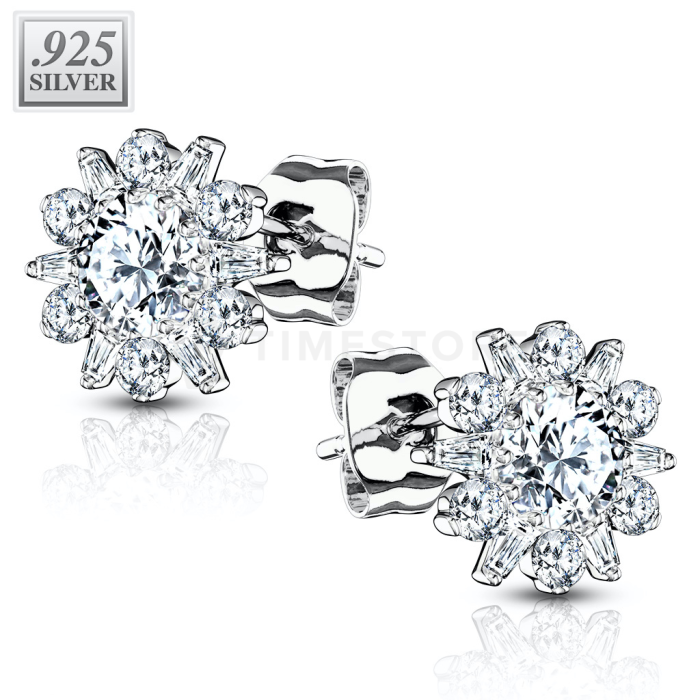 Сребърни обеци с форма на цвете и прозрачни кубични цирконии