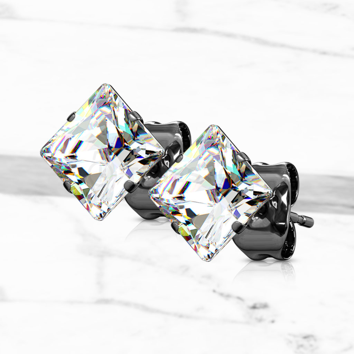 Orecchini a bottone neri con zircone quadrato trasparente