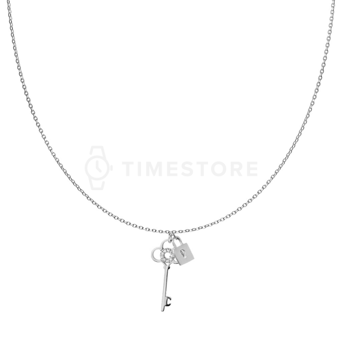 Náhrdelník zlaté barvy z chirurgické oceli s přívěskem ve tvaru klíče a zámku.