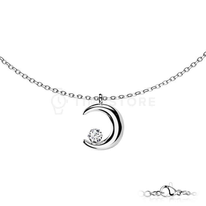 Colier din oțel chirurgical cu pandantiv în formă de lună și zirconiu
