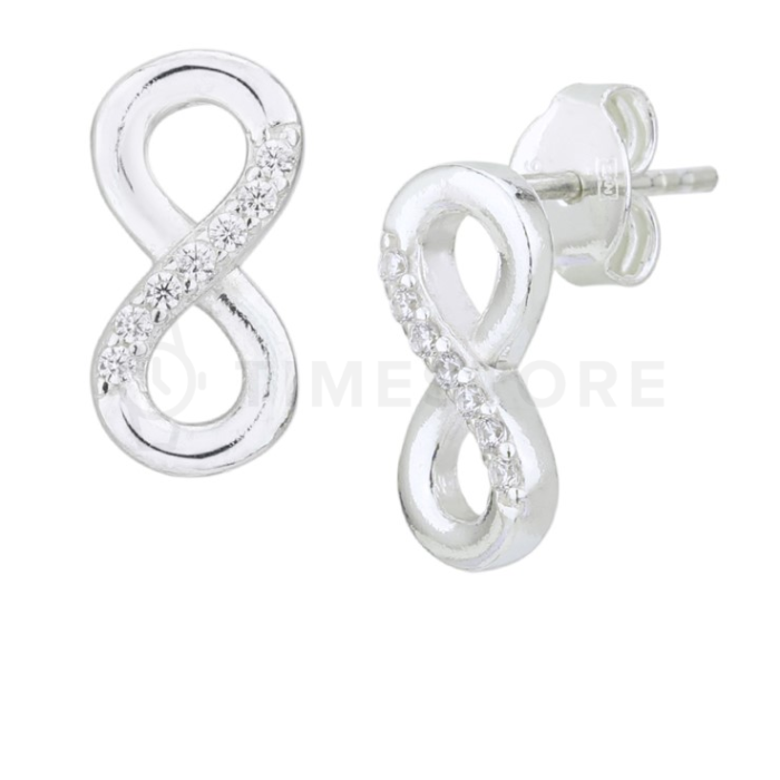 Stříbrné náušnice zdobené kubickými zirkony, symbol nekonečna